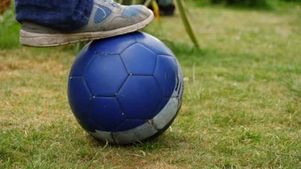 Foot Kicks Football Grass Close Slow Motion Selective Focus — Stock Video