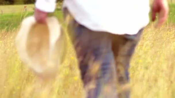明るい天の牧草地で歩く女4Kスローモーション中出し露出選択的フォーカス — ストック動画