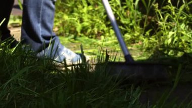 Bahçedeki çimenleri ve otları süpüren kadın... 4K yavaş çekim seçici odak noktası.