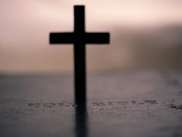 Święta Biblia Drewnianym Krzyżem Krzyż Zbliżenie Makro Shot Selektywne Ostrość — Zdjęcie stockowe