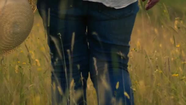Woman Enjoying Nature Walk Tall Grass Wildflower Meadow Slow Motion — Stock Video