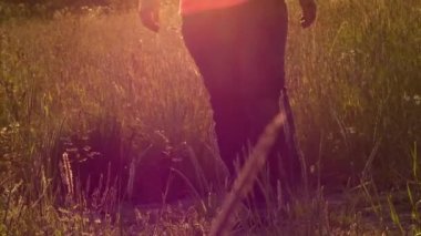 Yaz çayırında yürüyen kadın gün batımında orta çekim yavaş çekim zoom çekimi seçici odaklanma
