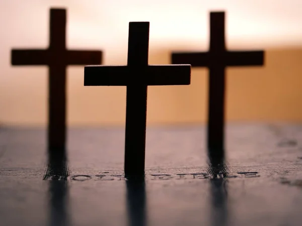 Święta Biblia Drewnianym Krzyżem Krzyże Zbliżenie Makro Shot Selektywne Ostrość — Zdjęcie stockowe