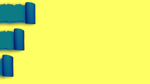 黄色の背景に引き裂かれた紙ストリップの効果の青いロール4Kアニメーションの概念 — ストック動画