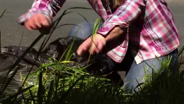 Kobieta Oczyszczająca Trawę Chwasty Ogrodowe Umieszczająca Worku Slow Motion Zoom — Wideo stockowe