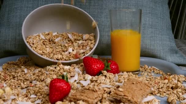 Granola Strawberries Banana Breakfast Orange Juice Medium Shot Selective Focus — Stock Video