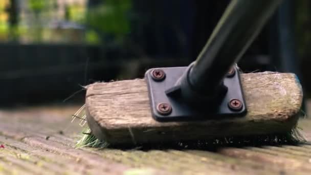 Nettoyage Vieux Platelage Bois Usé Avec Brosse Faible Tir Moyen — Video