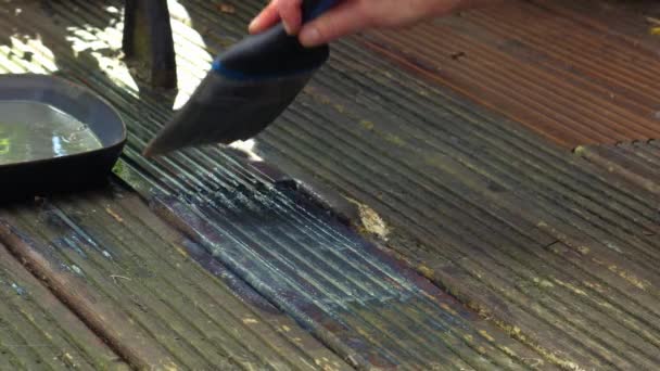Pintura Velho Desgastado Decks Madeira Com Tratamento Médio Tiro Câmera — Vídeo de Stock