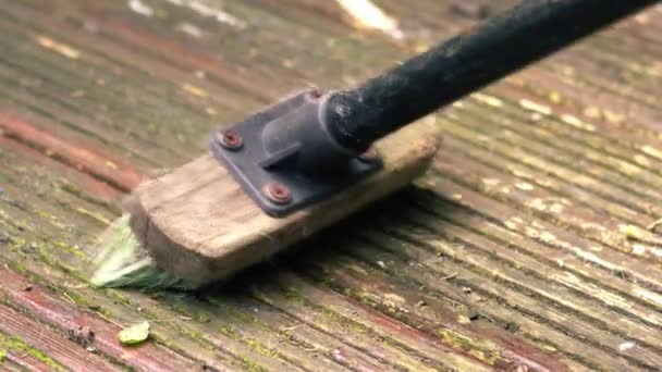Eski Yıpranmış Ahşap Güverteyi Fırçayla Temizliyorum Düşük Çekim Yavaş Çekim — Stok video