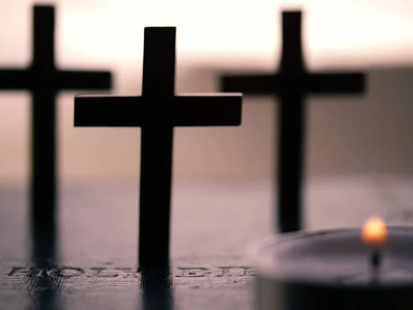 Holy Bible Crosses Tea Light Candles Close Shot Selective Focus — Stock Photo, Image