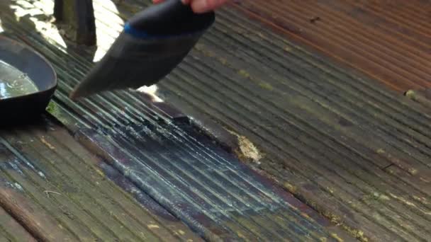 用中弹慢速变焦镜头选择性聚焦在老旧木制甲板上的油漆 — 图库视频影像