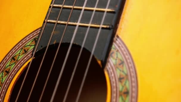 クラシックギターの弦とフレーツは 人形ショット4Kタイルの選択的な焦点を閉じる — ストック動画