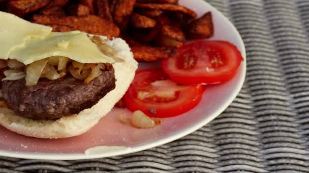 Homemade Ser Burger Frytki Średnio Panning Slow Motion Selektywny Ostrość — Wideo stockowe