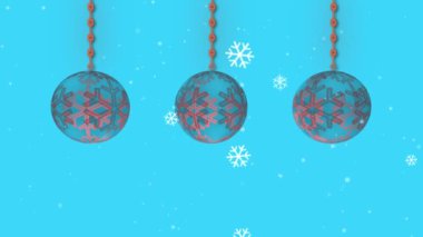 Mavi arka planda Noel süslemesi. Kar taneleri 4k animasyon 3d 'ye düşüyor.