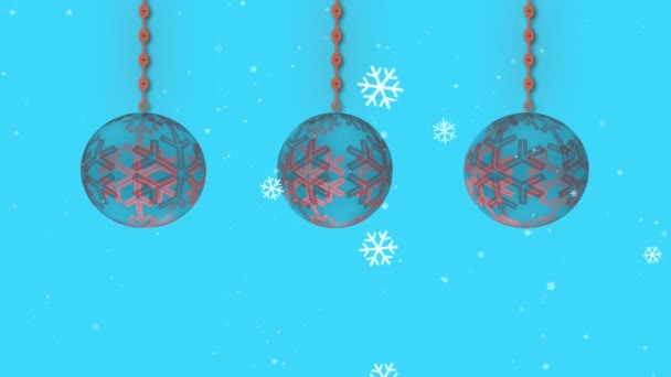 Christmas Bauble Decoration Blue Background Snowflakes Falling Animation — Stock Video