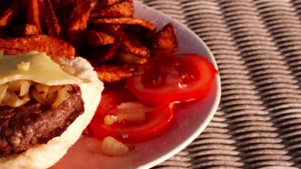 Homemade Ser Burger Frytki Średnie Panning Zoom Slow Motion Selektywny — Wideo stockowe