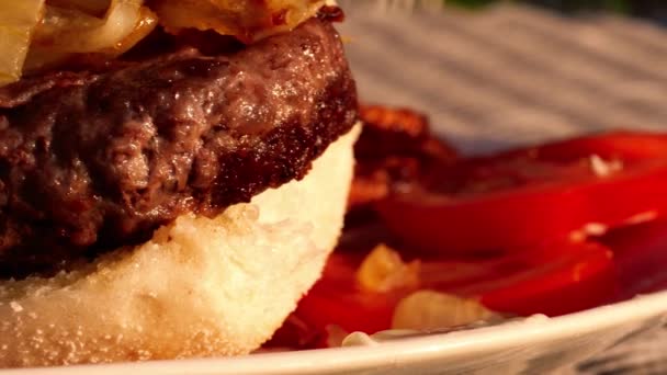 Házi Sajtos Burger Sült Krumpli Közel Panning Lassított Felvétel Szelektív — Stock videók