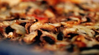 Peynir ve mantarlı pizza. 4K 'lık seçici odaklanma alanı kapanıyor.