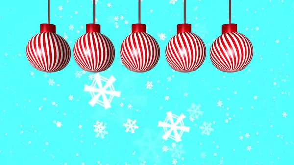 Зеленый Рождественские Безделушки Украшения Красном Фоне Снежинками Падения Иллюстрации — стоковое фото