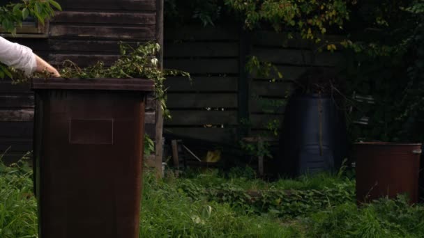 Kahverengi Konsey Çöplüğü Bahçe Atığı Için Orta Boy Seçici Odak — Stok video