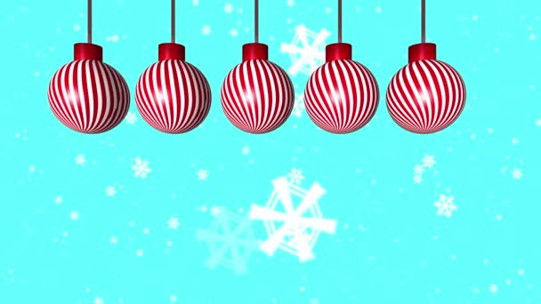4Kアニメーションに落ちる雪片と赤い背景の緑のクリスマスバブル装飾 — ストック動画