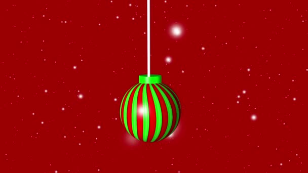 4Kアニメーションに落ちる雪片と赤い背景の赤と緑のクリスマスバブルの装飾 — ストック動画