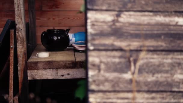 Homeless Tea Pot Plates Derelict Shed Building Wide Panning Shot — Stock Video