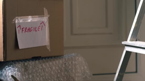 段ボール箱と家を移動中の人形4Kショット選択的な焦点 — ストック動画