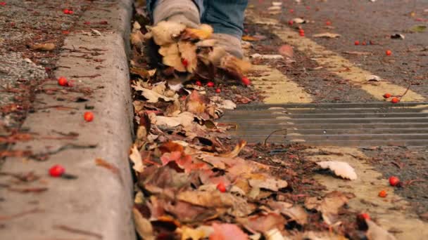 脚踢秋叶落在地板街上近距离缩放选择性焦距 — 图库视频影像