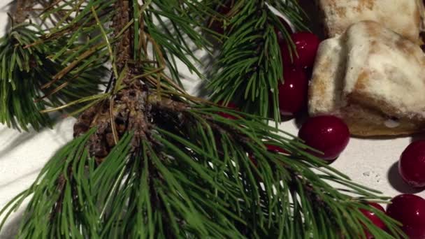 Bolo Natal Roubado Com Cranberries Dolly Tiro Perto Foco Seletivo — Vídeo de Stock