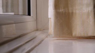 Perdeler evin penceresinde asılı. Orta yakınlaştırma görüntüsü seçici odak noktası.