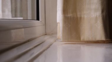 Perdeler evin penceresinde asılı 4k ekran seçici odak noktası