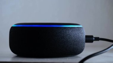 Home smart voice device close up shot 4k selective focus