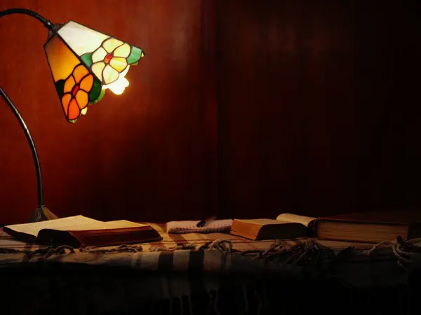 Books by a warm lamplight in study medium 4k slow motion shot selective focus