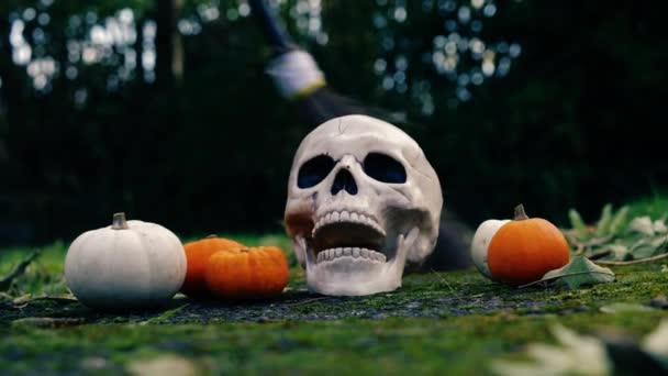 Halloween Pumpkins Witch Broomstick Medium Zoom Shot Selective Focus — Stock Video