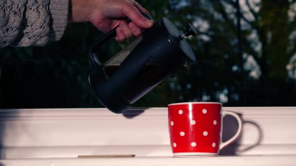 ウィンドウミディアムショットスローモーション4K選択焦点で自宅でカフェテリアで新鮮なコーヒーを作る — ストック動画
