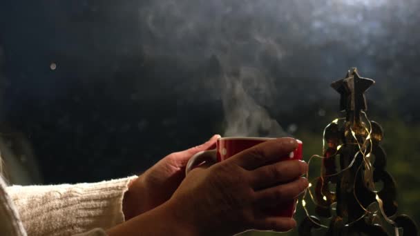 Warme Drank Voor Het Raam Met Kerst Medium Slow Motion — Stockvideo