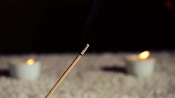 Incense Stick Burning Candle Flame Background Slow Motion Medium Shot — Stock Video