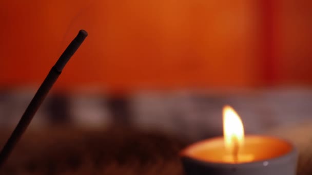 Incense Stick Burning Candle Flame Background Slow Motion Close Shot — Stock Video