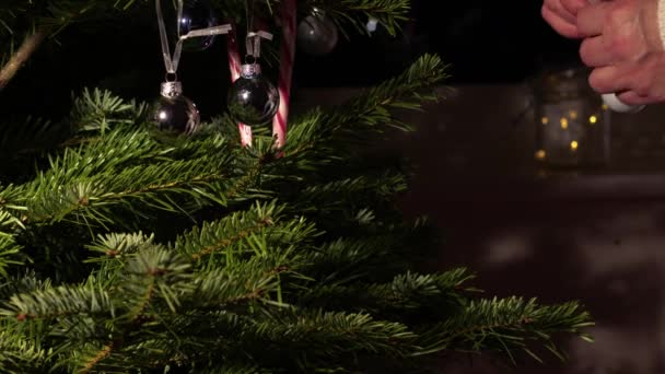 Evdeki Noel Ağacını Süslemek Mücevher Şeker Kamışı Yavaş Çekim Seçici — Stok video