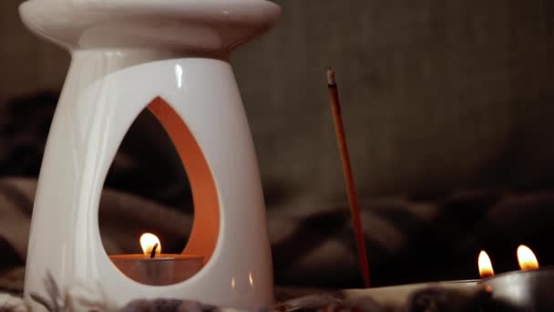 Essential Oil Burner Candles Medium Zoom Shot Selective Focus — Stock Video
