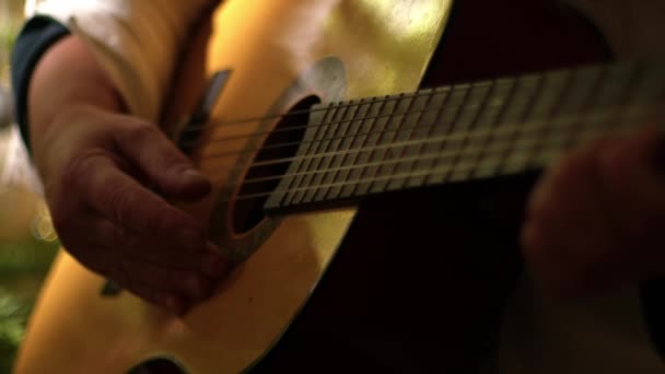 アコースティックギターを演奏するミュージシャンは ショットスローモーション中ズームショット選択的な焦点を閉じます — ストック動画