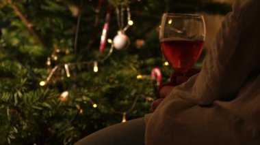 Noel ağacının önünde bir kadeh kırmızı şarapla rahatlayan kadın seçici odaklanma görüntüsü veriyor.