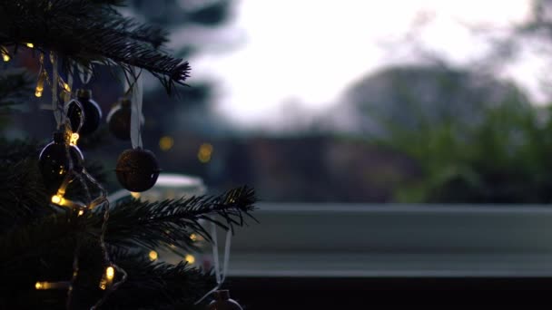 Árvore Natal Casa Frente Janela Zoom Médio Tiro Câmera Lenta — Vídeo de Stock
