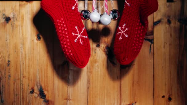 Christmas Wool Stockings Baubles Rustic Wooden Background Medium Selective Focus — Wideo stockowe