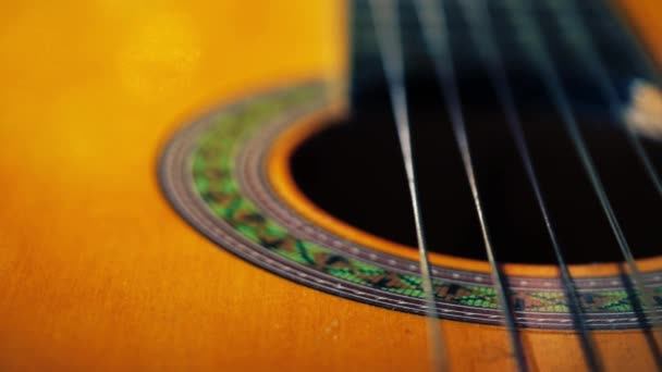 Classical Guitar Strings Close Shot Dolly Shot Selective Focus — 图库视频影像