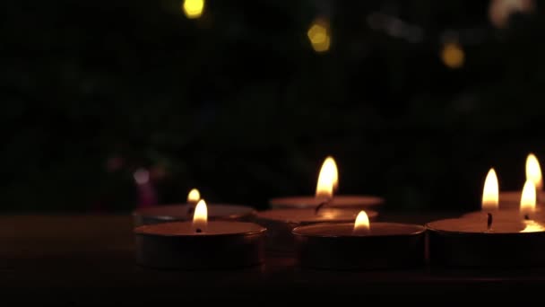 Tealight Candles Flickering Bokeh Background Close Dolly Zoom Shot Selective — стокове відео