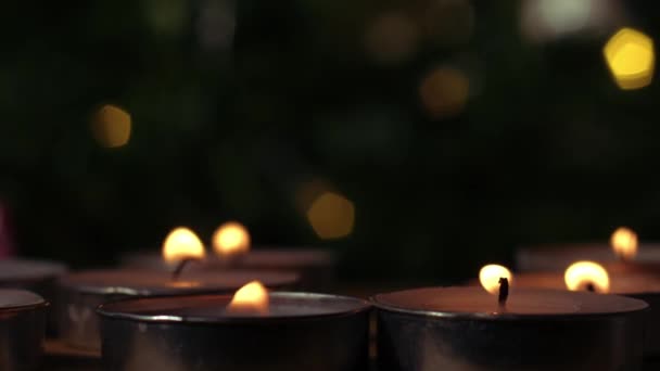 Κεριά Tealight Τρεμοπαίζουν Φόντο Bokeh Close Zoom Shot Επιλεκτική Εστίαση — Αρχείο Βίντεο