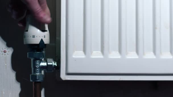 Hand Turning Central Heating Radiator Medium Shot Slow Motion Selective — Stock Video