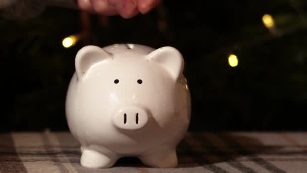 クリスマスバックグラウンドのピギーバンク貯蓄 中4Kショット選択的な焦点 — ストック動画